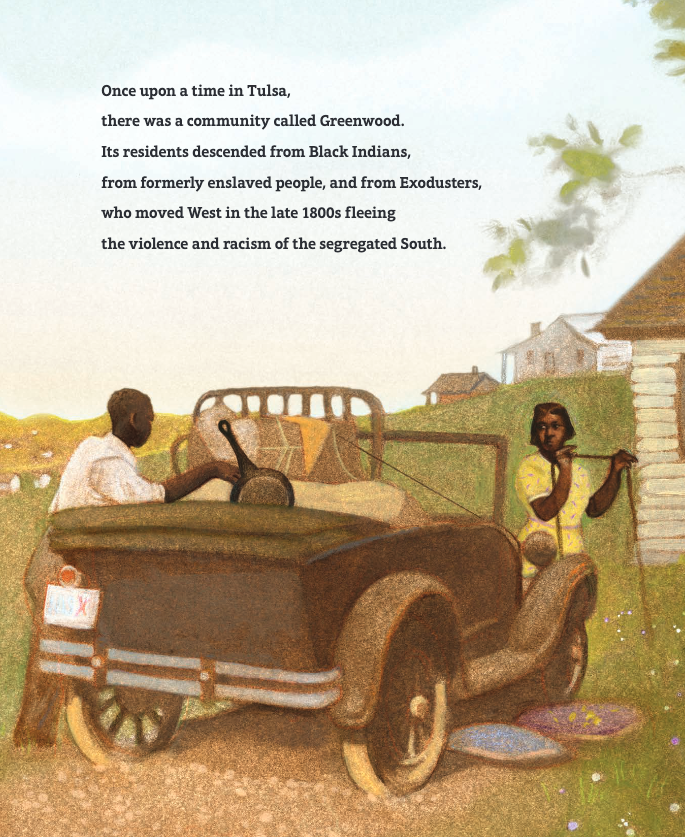A page of text about Greenwood that has an illustration of two Black parents loading a car with belongings. 