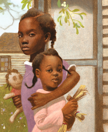 Illustration from the book with two Black young sisters. One is holding a doll and the younger sister. 